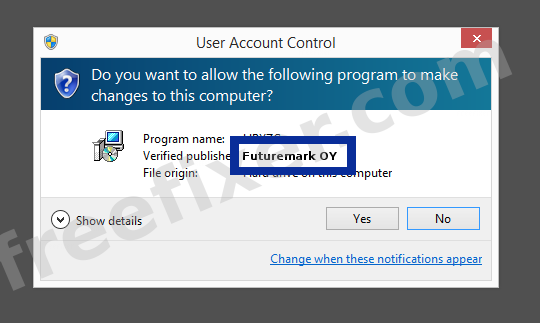 Screenshot where Futuremark OY appears as the verified publisher in the UAC dialog